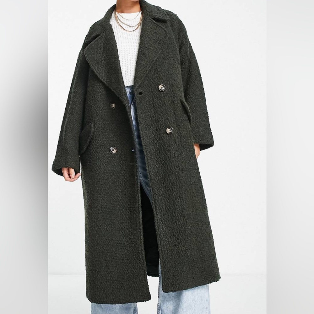 ASOS DESIGN double breasted Boucle coat in dark khaki. NWT